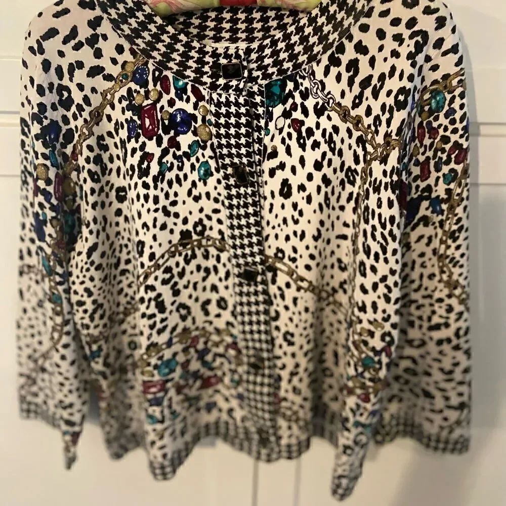 Laura Ashley Silk Blend Cardigan Sweater Button Up Size PL Leopard Print Jewels